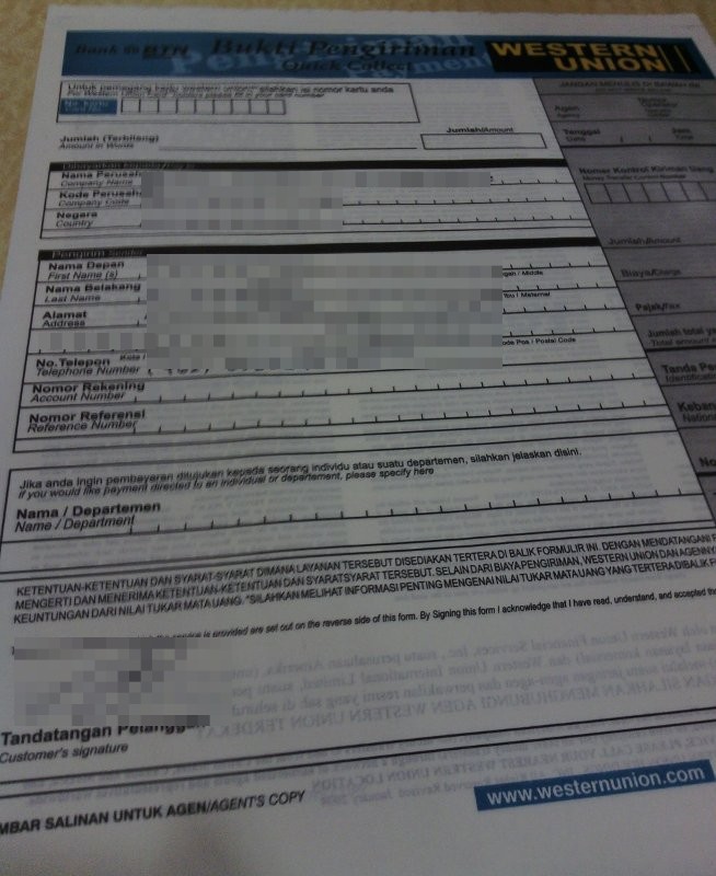 western union quick pay form (blue form)