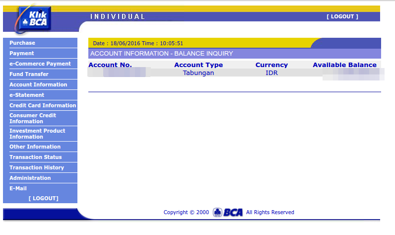 User Interface Internet Banking BCA
