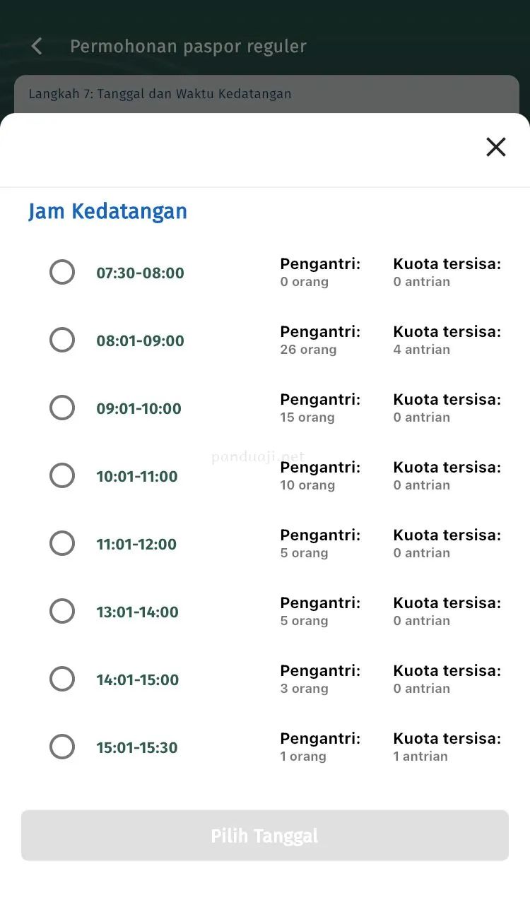 Pilih Jam Kedatangan